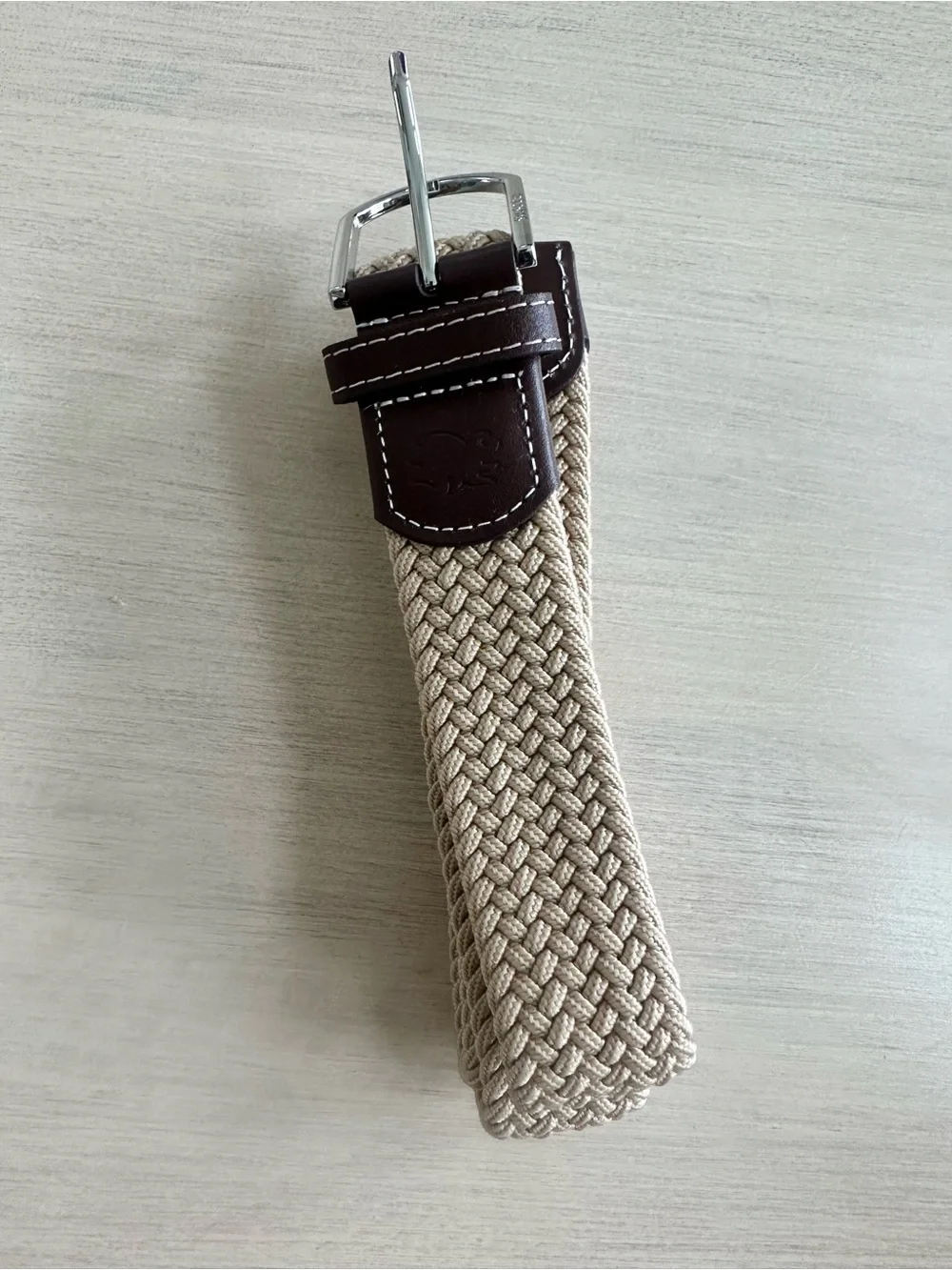 Men's Braided Tan Stretch Belt with Dark Brown Leather Trim